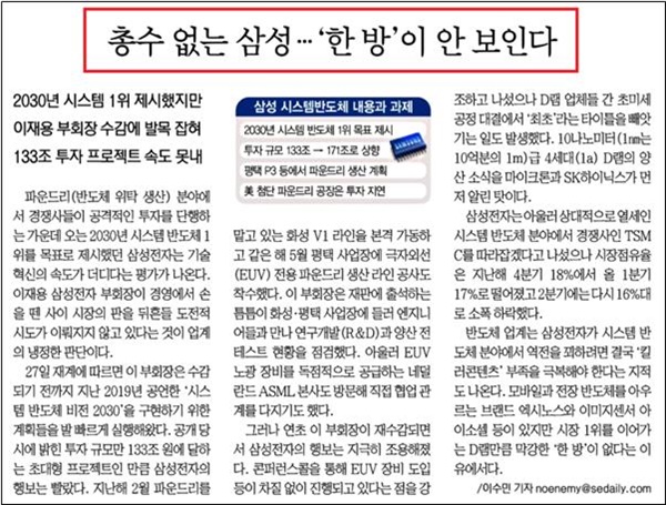 이재용 부회장 부재로 삼성이 위기를 겪고 있다고 주장한 서울경제(7/28)