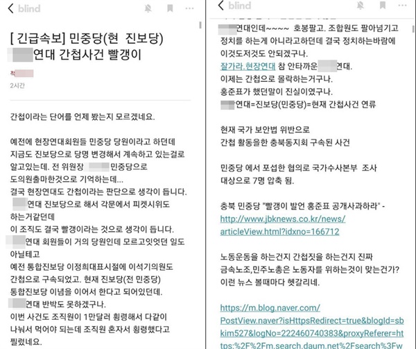 직장인 익명 커뮤니티 앱 '블라인드'의 한 회사 게시판에 올라온 진보당 관련 글