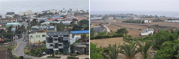 크고 작은 집들이 꽉 들어찬 최근의 대평리 풍경(왼쪽)과 2009년 촬영한 한적한 모습의 대평리(오른쪽)