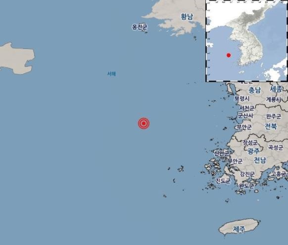  (서울=연합뉴스) 21일 오전 9시 40분 41초 전북 군산시 어청도 서남서쪽 123km 해역에서 규모 4.0의 지진이 발생했다고 기상청이 밝혔다.진앙은 북위 35.72도, 동경 124.70도이다. 2021.8.21 [기상청 제공]