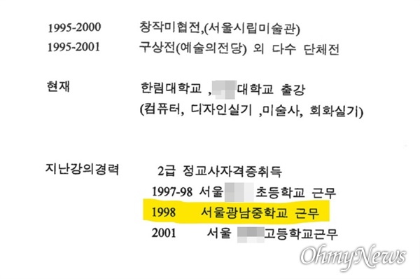 김건희씨가 2004년초 서일대에 낸 이력서. 
