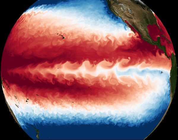 대기-해양 결합 모델에서 시뮬레이션 된 해수면 온도. 적도 태평양에서 보이는 물결 모양 구조의 차가운 해수 흐름이 열대 불안정파를 나타낸다. 해당 시뮬레이션은 IBS의 슈퍼컴퓨터 알레프(Aleph)에서 수행됐다.