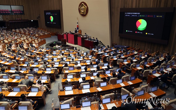  31일 서울 여의도 국회에서 열린 본회의에서 군사법원법 개정안이 통과되고 있다. 