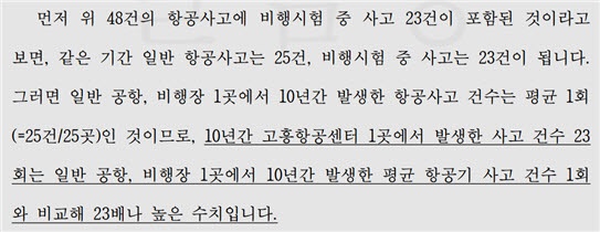 21.08.09. 원고 제출 준비서면  기존 고흥항공센터에서 소규모 비행시험만으로도 23건의 사고가 발생했다. 전국 공항 비행장과 단순비교해도 23배나 높다. 운항 횟수를  감안해 계산하면 사고위험이  수백배 높게 나올 것이다.