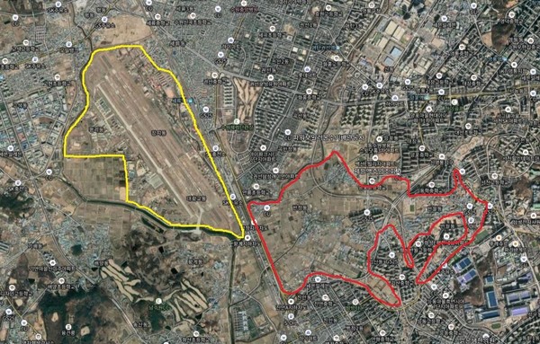 화성진안신도시와 수원전투비행장. 빨간색으로 표시한 부분이 화성 진안지구, 노란색은 수원 군 공항. (*국토부 보도자료를 따라 그린 것으로 정확하지는 않을 수 있음.) ⓒ생명평화회의 