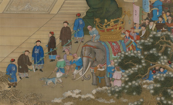 베이징 고궁박물관이 소장하고 있는 만국래조도의 일부분. 코끼리의 뒤에 조선 사신의 모습이 보인다.