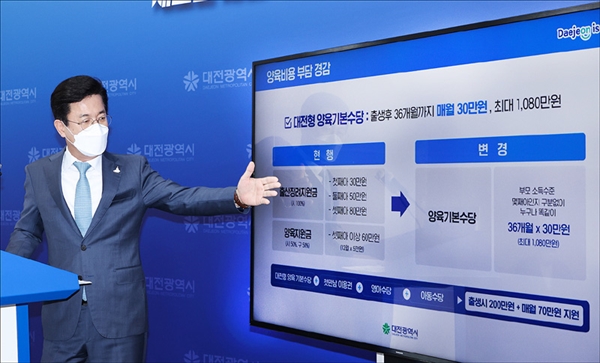 허태정 대전시장이 14일 '대전형 양육기본수당' 정책을 발표하고 있다.