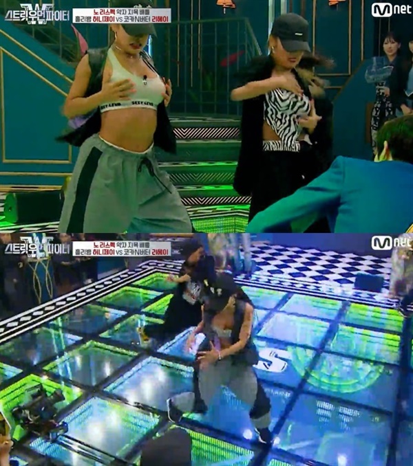 Mnet <스트릿 우먼 파이터> 방송화면 허니제이와 리헤이가 1대1 배틀을 펼치고 있다