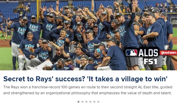  메이저리그 정규시즌 우승을 알리는 탬파베이 레이스 공식 홈페이지 갈무리.