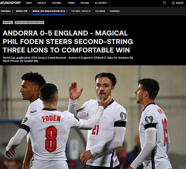잉글랜드 대표팀 축구종가 잉글랜드가 안도라와의 월드컵 유럽예선에서 5-0 대승을 거두고, 순항을 이어나갔다. 