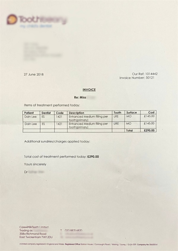 영국키즈치과 영수증 한국이었으면 21만원에 했을 치료를 45만원에. 무시무시한 영국 사립 치과.