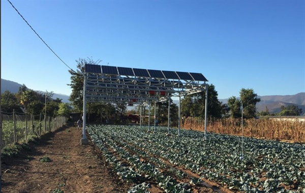 칠레에서 태양광 발전과 작물재배를 동시에 하는 영농형태양광. 건조한 지역에서 물을 적게 사용하는 농사를 할 때 유리하다.  
