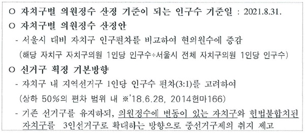 서울특별시자치구의원선거구획정위원회 공문에 포함된 획정위 의결사항