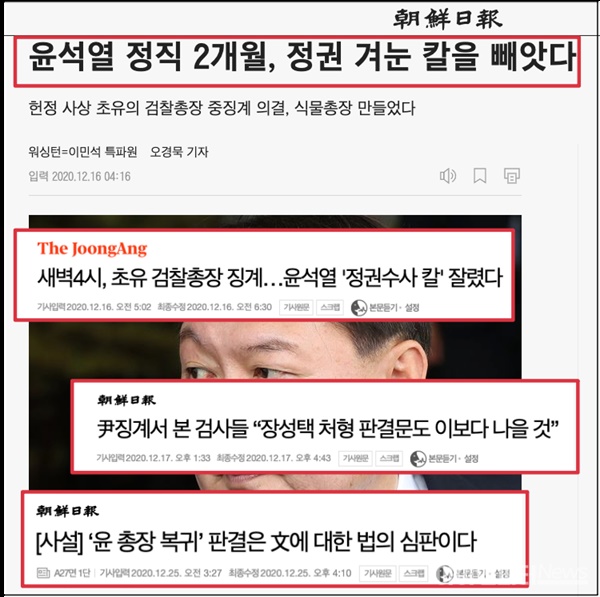 지난해 12월 16일과 25일에 나온 윤석열 당시 검찰총장 징계 관련 보도