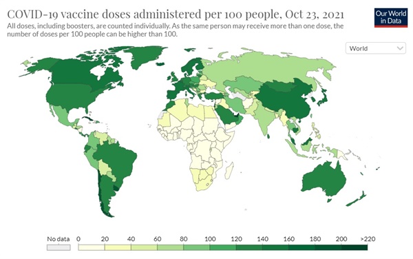 영국 옥스포드대 '아워월드인데이터'의 전 세계 코로나19 백신 접종률 그래프 갈무리.