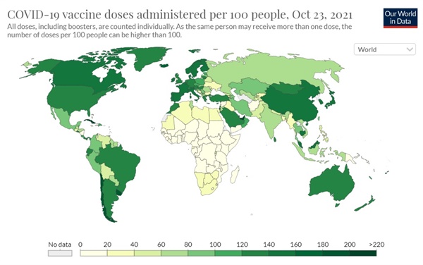  영국 옥스포드대 '아워월드인데이터'의 전 세계 코로나19 백신 접종률 그래프 갈무리.