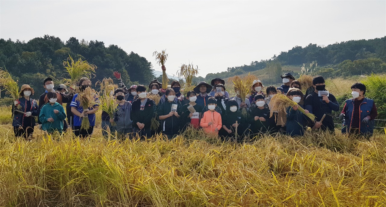 벼 농사 체험 끝~~. 금과초등학교 전교생 15명과 교사 7명, ‘순창 씨앗 받는 농부 회원들.