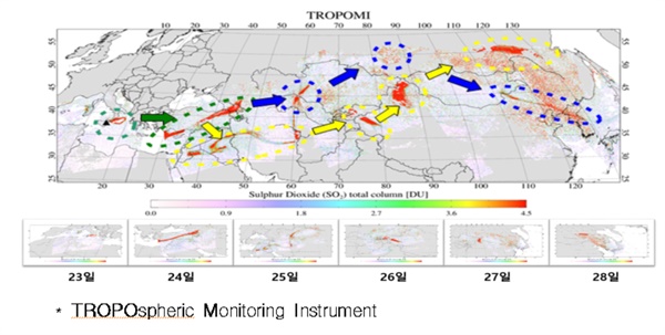 환경부 소속 국립환경과학원이 환경위성센터 누리집에 공개한 이탈리아 에트나 화산 아황산가스의 아시아 대륙을 이동 경로.