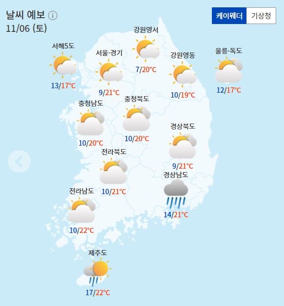 주요 지역별 토요일 날씨전망(자료제공=케이웨더)