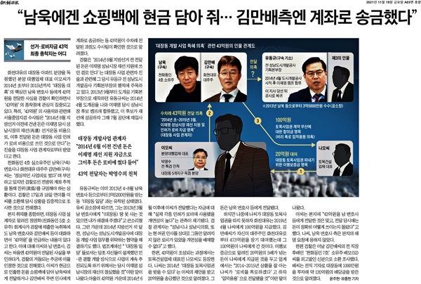 2021년 11월 19일 <조선일보> A03면에 게재된 <"남욱에겐 쇼핑백에 현금 담아 줘… 김만배측엔 계좌로 송금했다"> 기사.