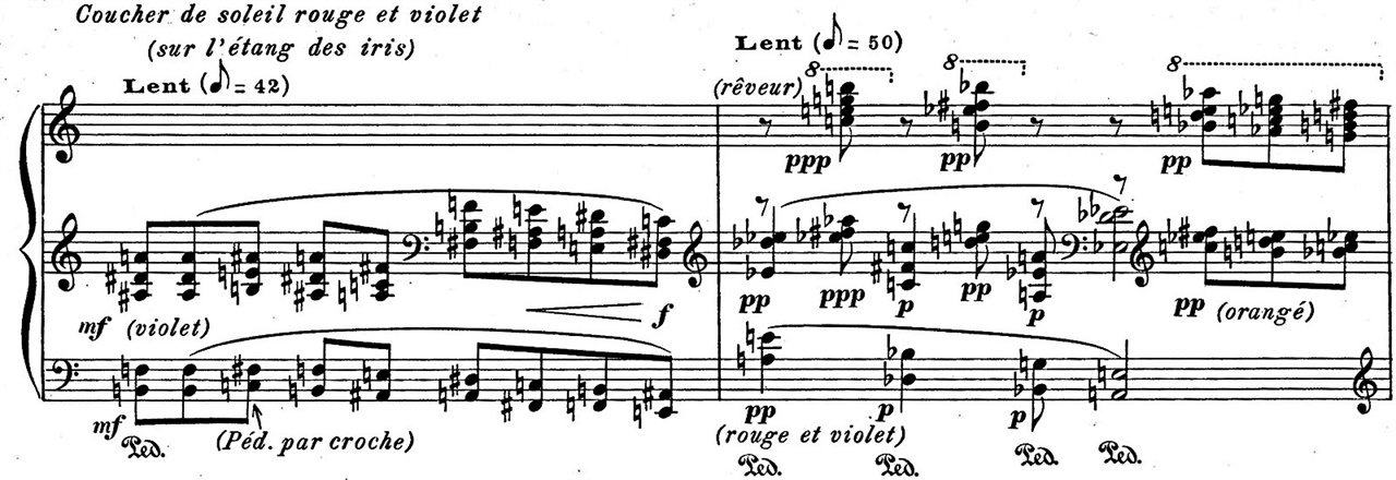 올리비에 메시앙 <새의 카탈로그> 악보 violet, rouge, orange 등 특정 색을 지칭하는 단어를 발견할 수 있다.