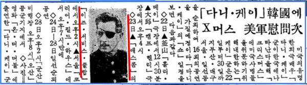 미국의 유명 영화배우 겸 가수인 대니케이 공연소식을 알리는 신문기사. 1961년 12월 21일 경향신문.