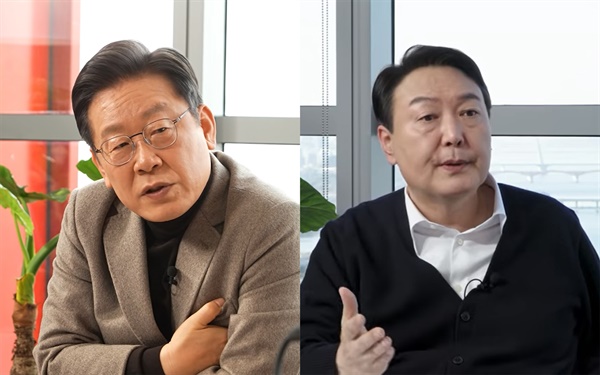 25일 유튜브 채널 '삼프로TV'에 각기 출연해 자신의 경제정책에 대해 설명하고 있는 이재명 민주당 대선후보(왼쪽), 윤석열 국민의힘 대선후보. 