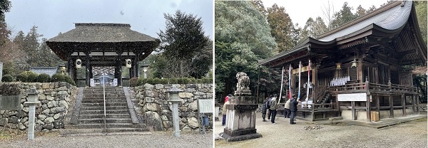 시가현 모리시리 마을 야가와 신사 누문과 신사에서 기원하는 사람들 모습입니다. 신사 누문은 1472년 처음 지어진 것으로 시가현 지정문화재입니다.