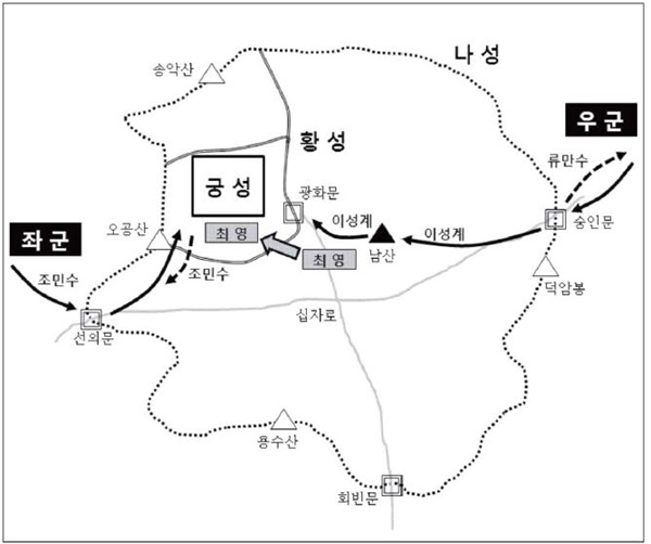 개경 전투 요도 (출처: 이상훈, 「이성계의 위화도 회군과 개경 전투」, 『국학연구』20, 2012, 265쪽)