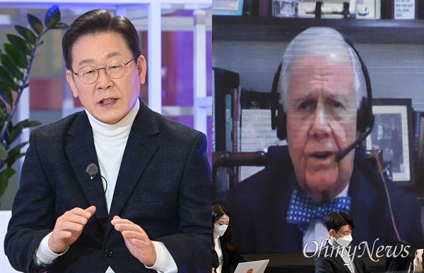 이재명 대불어민주당 대선 후보가 20일 서울 성동구 KT&G 상상플래릿에서 세계적인 투자가 짐 로저스와 '대전환의 시대, 세계 5강으로 가는 길'이라는 주제로 온라인 대담을 하고 있다.