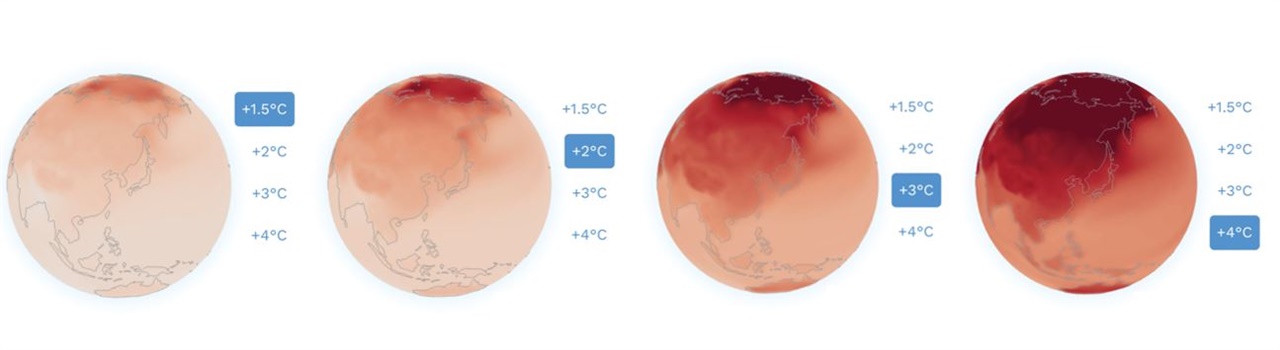 지구 평균 온도 변화 (1.5~4℃)에 따른 한반도 주변 온도 변화, IPCC 홈페이지 사진 캡처