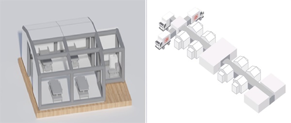 고려대 의료원에 설치될 모듈형 병상 에어텐트(왼쪽)와 트레일러 조감도