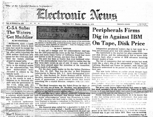 1970년 1월 11일 월요일, 돈 호플러의 시리즈 기사가 처음으로 세상에 선보였습니다. 전자뉴스(Electronic News) 신문에 처음 실린 '실리콘밸리'라는 표현은 이후 50년 넘게 혁신, 기술, 창업을 대변하는 단어로 우뚝 섰습니다. 당시 돈 호플러는 이만한 파급력을 예상했을까요?