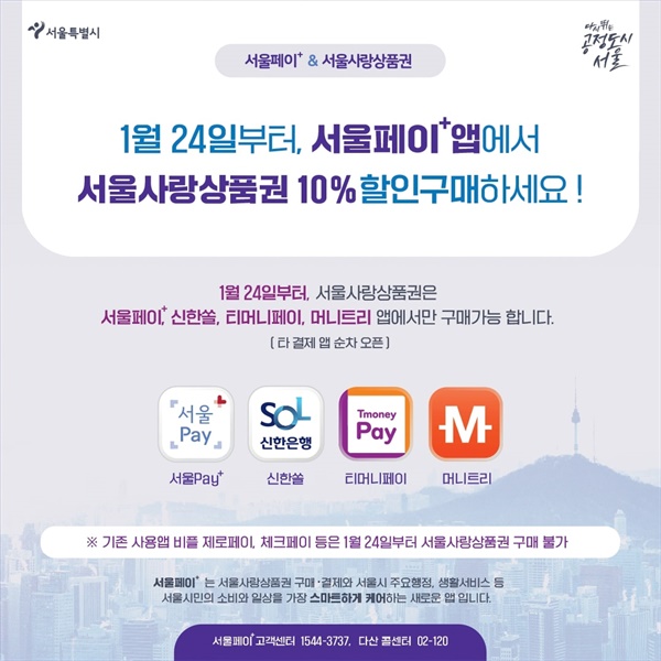 서울사랑상품권은 서울페이+, 신한은행, 티머니페이, 머니트리 앱에서 할인구매할 수 있다. 3월부터는 신한카드 앱에서도 구매 가능하다.