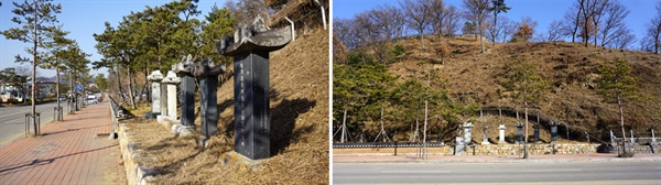 공주 구시가지에서 공산성 방향으로 가는 인도 / 왼쪽 아래 기와 담장이 공산성 주차장 끄트머리