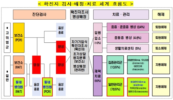 7일 개편된 코로나19 확진자 검사·배정·치료 체계 흐름도