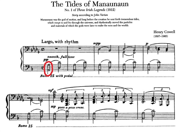 작곡가 헨리 카웰은 아일랜드 전설의 신 매나우나운(Manaunaun)의 기상을 표현하기 위해 클러스터(cluster) 기법을 착안했다고 한다.