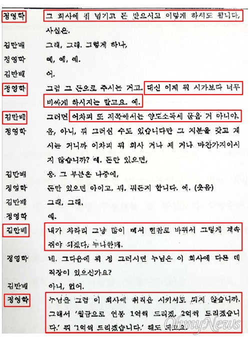 대장동 특혜 개발 의혹의 핵심 인물인 화천대유자산관리 대주주 김만배씨와 정영학씨(화천대유 자회사인 천화동인 5호 소유주, 회계사) 사이의 녹취록이다. 김만배씨가 누나 김명옥씨를 통해 주택 매입을 사전에 모의한 정황이 담겨 있다.