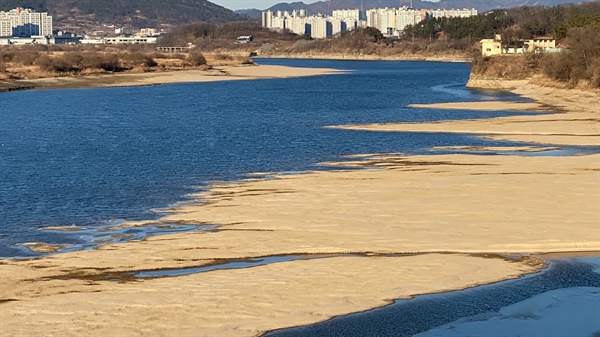  합천보 수문개방으로 나타난 우곡교 상류의 모래톱. 이 모래톱 위에 백로와 왜가리, 독수리가 앉아 쉬고 있었다. 