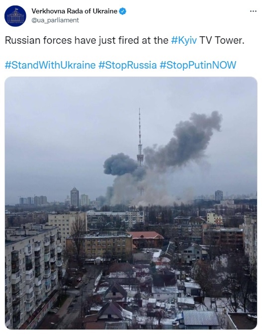 러시아군의 키예프 TV타워 공격을 알리는 우크라이나 의회 공식 트위터 계정 갈무리.