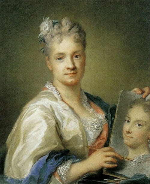 여동생의 초상화를 든 로살바 카리에라의 자화상 Self-portrait holding a portrait of her sister
종이에 파스텔, 71x57cm, 1715 