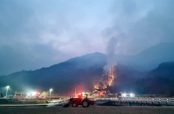  8일 오전 강원 삼척시 원덕읍 사곡리 일대 산림이 불에 타고 있다