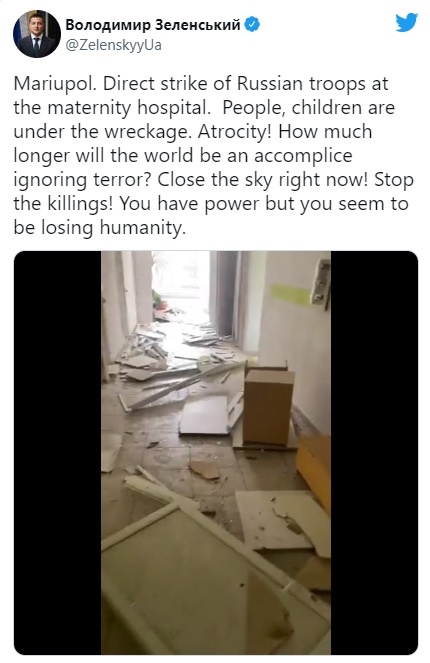 러시아군 폭격을 당한 병원의 피해 상황을 전하는 우크라이나 대통령 트위터 갈무리.