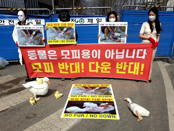 '모피반대·다운반대' 기자회견 중인 한국동물보호연합 회원들