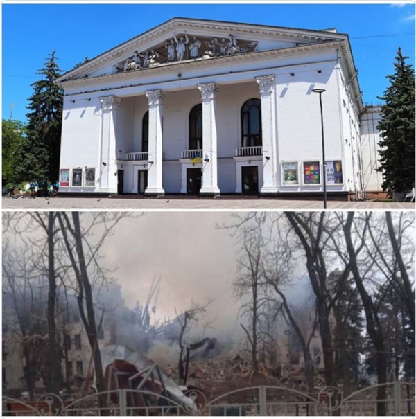 드미트로 쿨레바 우크라이나 외무장관이 자신의 트위터에 개시한 사진. 민간인 대피소로 쓰인 마리우폴 극장이 러시아군의 폭격에 의해 폐허가 되었다.