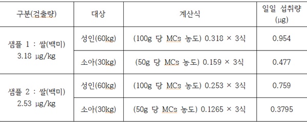  낙동강 하류 쌀 검사 결과에 따른 성인(60kg), 소아(30kg) 일일 마이크로시스틴(MCs) 섭취량 계산