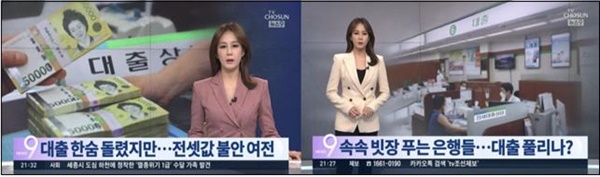 △ 정부에 따라 대출규제 완화를 다르게 보도한 TV조선(순서대로 2021/10/15, 2022/3/23)