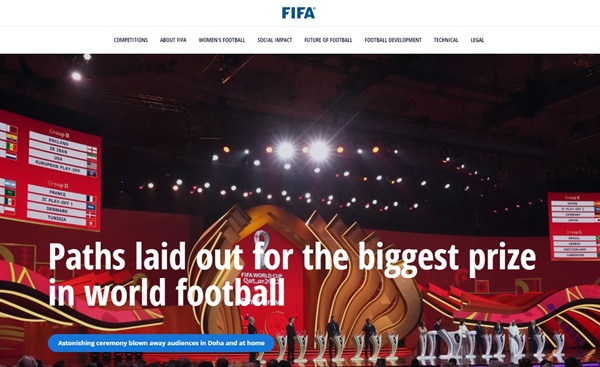  2022 카타르 월드컵 조 추첨 행사를 알리는 국제축구연맹 홈페이지 갈무리.