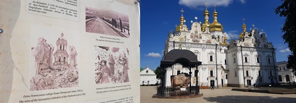 (좌)독일점령 당시 소련군에 의해 파괴된 기록. (우)복원 후에도 수도원 마당 한 가운데에는 제2차세계대전 당시의 잔해가 전시되어 있다.