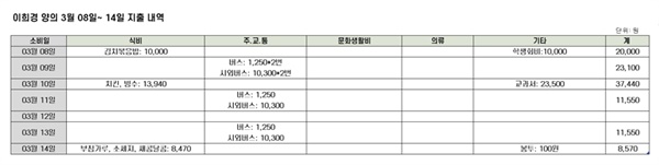 자취 한달차 이희경 양의 지출 내역이다.